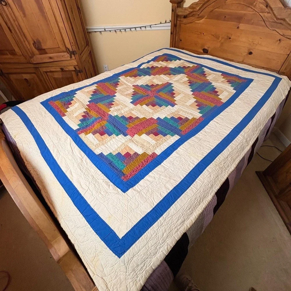 Antique 1930s Log Cabin Quilt Full Size Handmade Barn Raising Pieced Backing